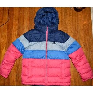 L.L. Bean Kids Puffer Jacket Girls M 10-12 Hooded Winter Coat Colorblock Pink